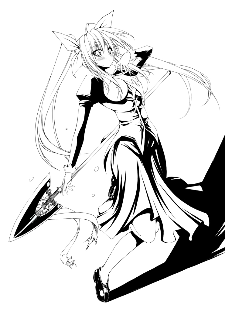 ayuhara hiiro, nanaki seiju, fate testarossa, sabakutani eri, lyrical nanoha, mahou shoujo lyrical nanoha, mahou shoujo lyrical nanoha strikers, sakura familia, sakura familia!, 00s, 1girl, blush, cross, dress, female focus, greyscale, monochrome, ribbon, shadow, shoes, solo, staff, twintails