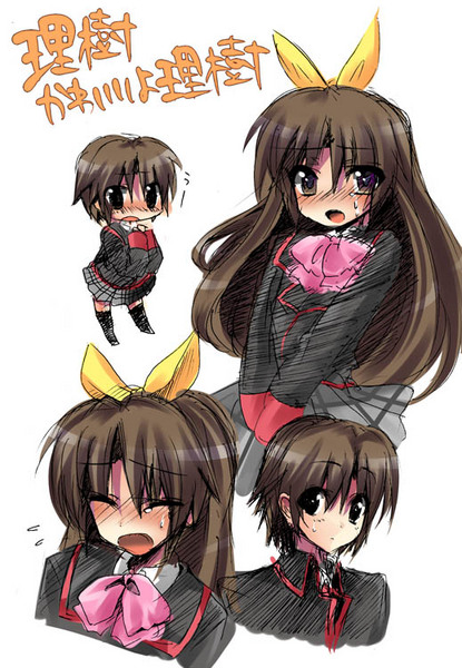masayu, naoe riki, little busters!, plaid, resized, 1boy, blush, bow, brown eyes, brown hair, crossdressing, long hair, pixiv thumbnail, plaid skirt, ribbon, school uniform, serafuku, short hair, skirt, tears, trap