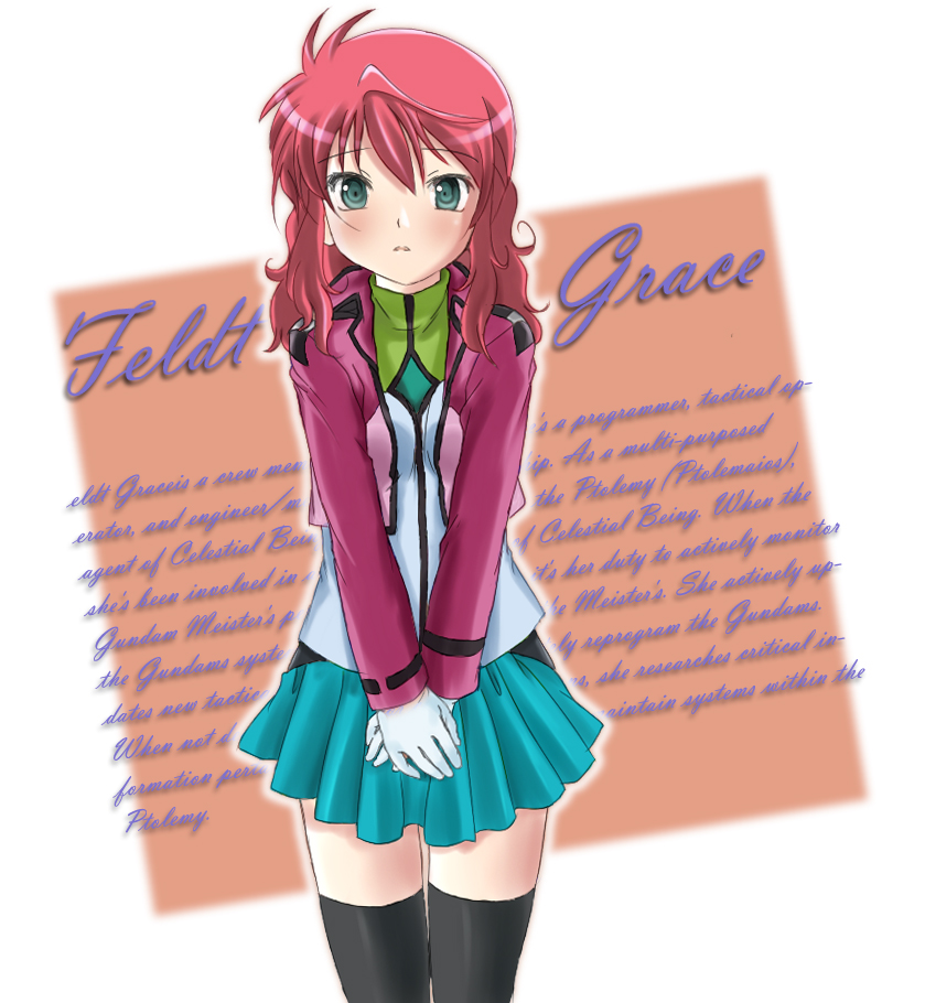 feldt grace, gundam, gundam 00, bad id, bad pixiv id, 00s, blue eyes, blush, gloves, jacket, letter, pink hair, ponytail, shy, skirt, solo, thighhighs