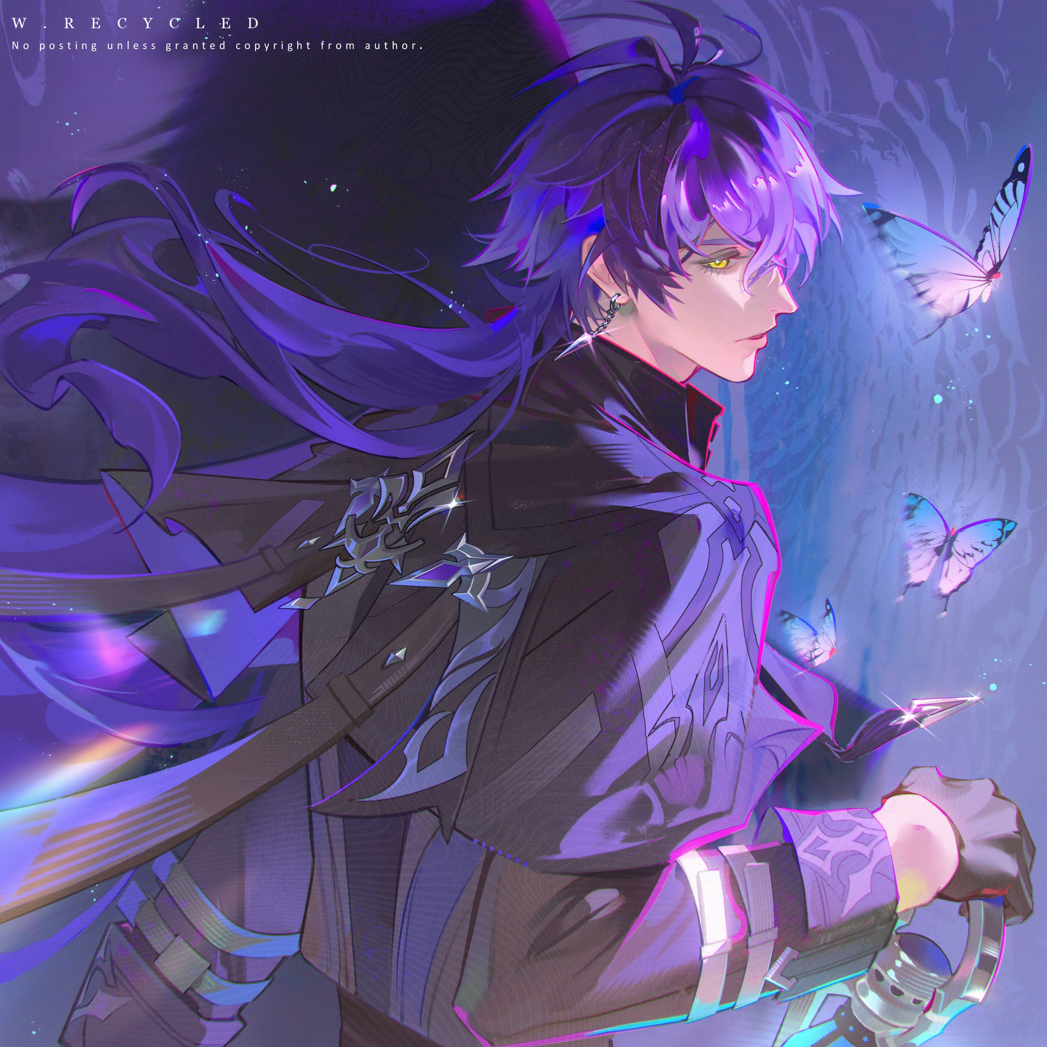 recycled, flins (genshin impact), genshin impact, absurdres, commentary, hashtag-only commentary, highres, 1boy, antenna hair, black coat, black gloves, bug, butterfly, closed mouth, coat, earrings, floating hair, gloves, holding, holding lantern, insect, jewelry, lantern, long sleeves, male focus, piercing, profile, purple butterfly, purple hair, sleeve cuffs, solo, upper body, yellow eyes