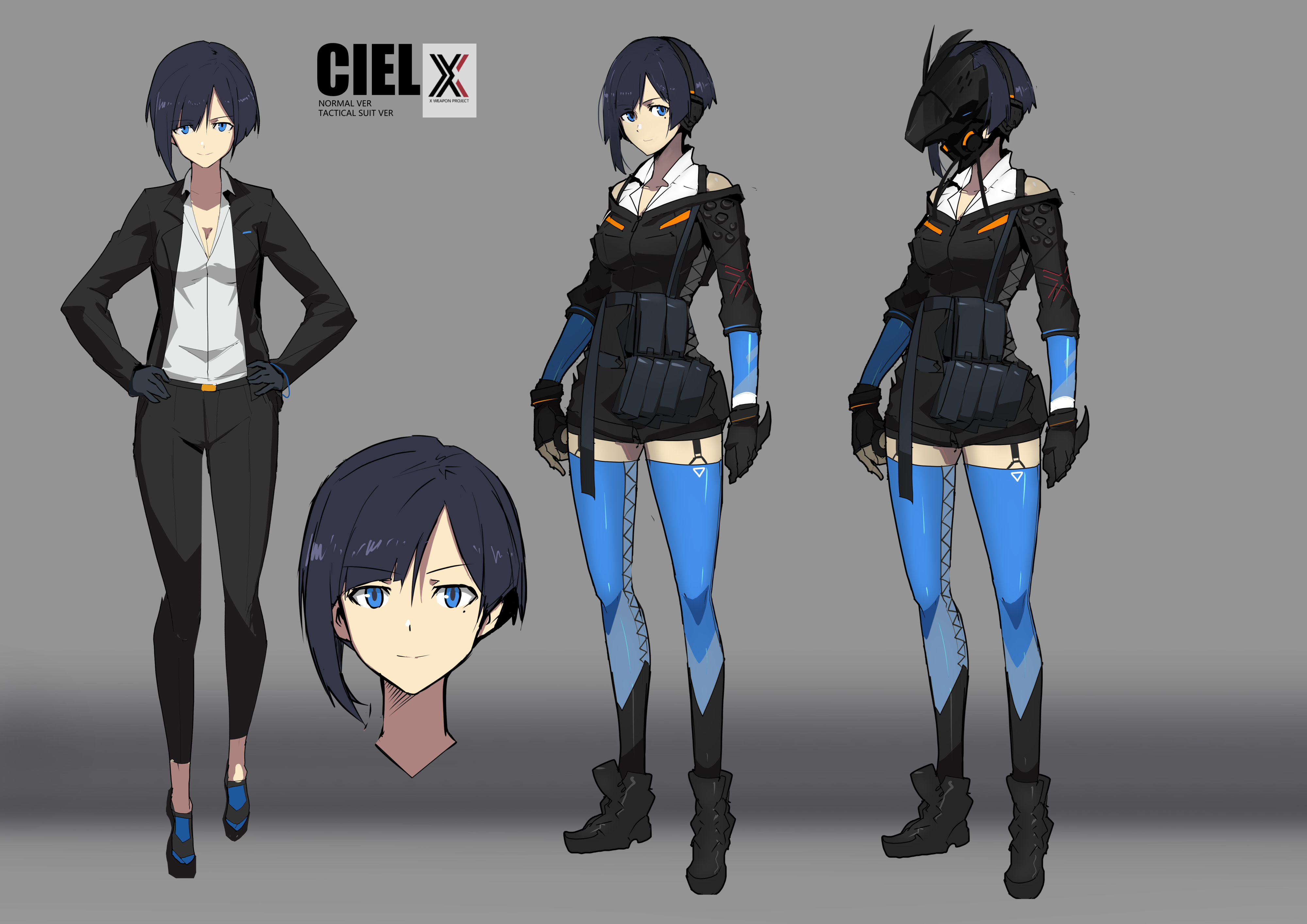 las91214, ciel (bird/binary), bird/binary, absurdres, commentary, english commentary, highres, 1girl, black gloves, black jacket, black pants, black shoes, blue eyes, blue hair, blue thighhighs, breasts, character name, cleavage, closed mouth, collarbone, collared shirt, english text, full body, gloves, gradient background, grey background, jacket, light smile, looking at viewer, mask, medium breasts, mole, mole under eye, multiple views, pants, shirt, shoes, short hair, standing, thighhighs, white shirt