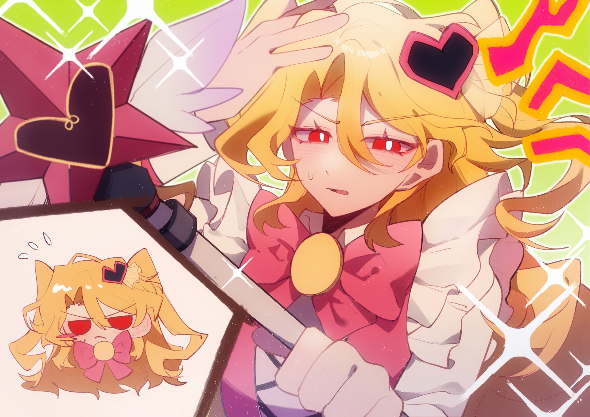 lihua miliki, don quixote (project moon), sancho (project moon), limbus company, project moon, highres, 1girl, blonde hair, blush stickers, bow, bowtie, bright pupils, chibi, chibi only, e.g.o (project moon), green background, hair ornament, heart, heart hair ornament, in the name of love and hate (e.g.o), long hair, long sleeves, looking at viewer, parted bangs, pink bow, pink bowtie, pink vest, red eyes, simple background, single blush sticker, solo, sparkle, two side up, upper body, vest, white pupils, winged wand