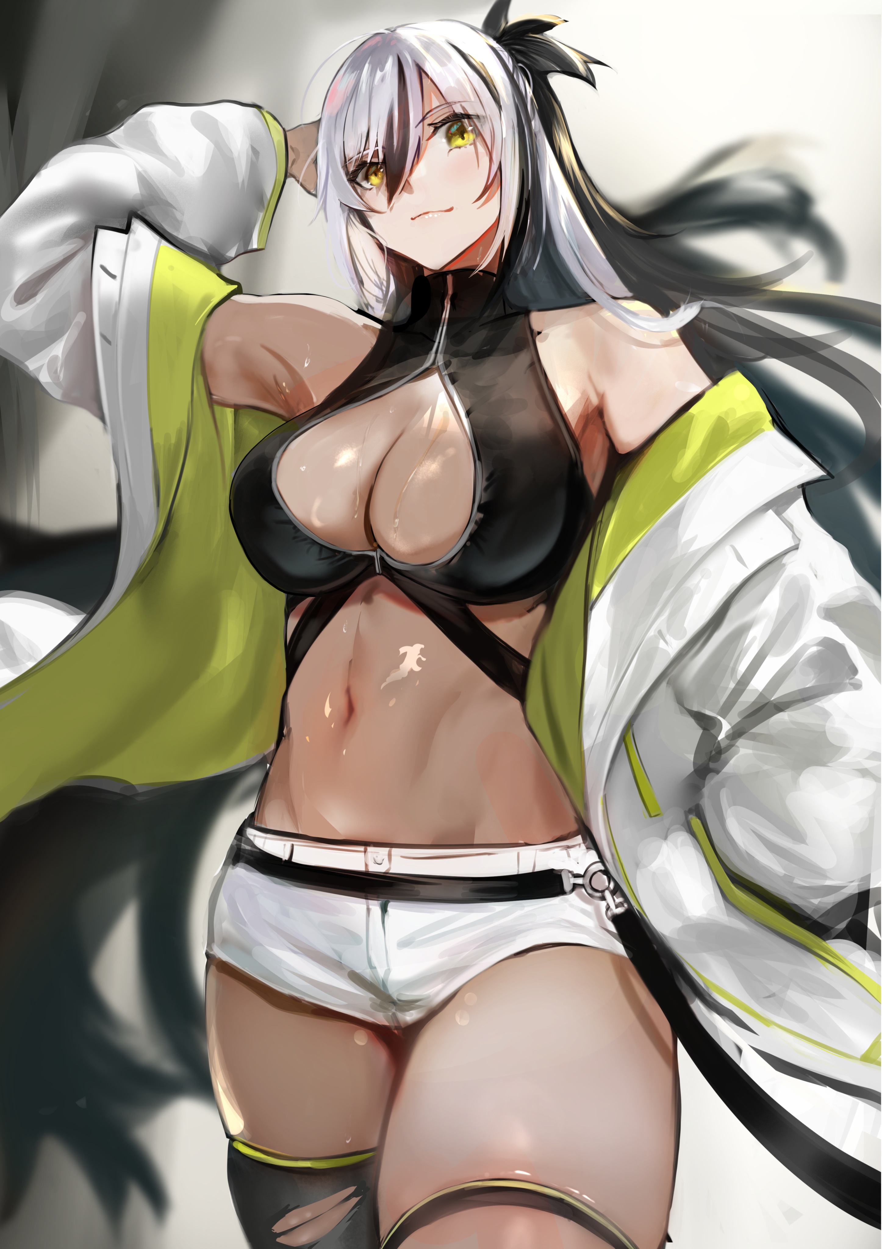jikihatiman, nagao kagetora (fate), uesugi kenshin (second ascension) (fate), fate/grand order, fate (series), absurdres, commentary request, highres, 1girl, bare shoulders, black hair, breasts, cleavage, green eyes, green jacket, jacket, large breasts, long hair, long sleeves, looking at viewer, multicolored hair, multicolored jacket, navel, shorts, smile, solo, thighhighs, two-tone hair, two-tone jacket, white hair, white jacket, white shorts