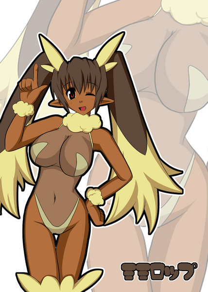 lopunny, nintendo, pokemon, animal ears, dark skin, furry, gen 4 pokemon, pointy ears, pokemon (creature), rabbit ears, red eyes, twintails