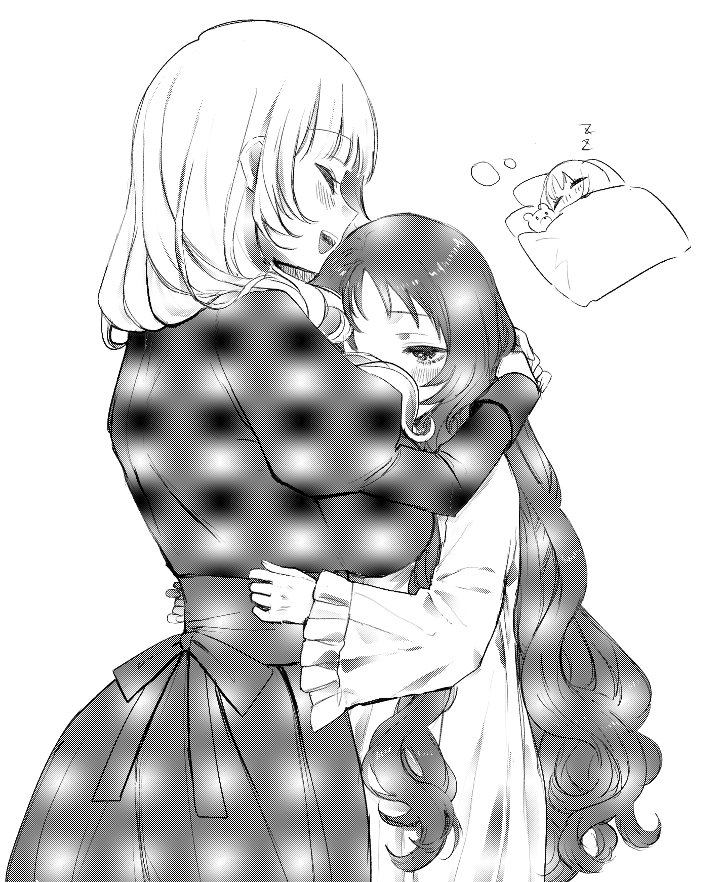 eurasia (wtp09ptw14), francoise (eurasia), original, commentary request, highres, 2girls, blush, breasts, choppy bangs, closed eyes, cowboy shot, dress, frilled dress, frills, greyscale, hug, juliet sleeves, large breasts, long hair, long sleeves, monochrome, multiple girls, open mouth, puffy sleeves, simple background, sketch, smile, white background, zzz
