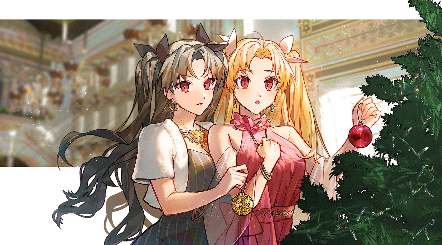 bamcream, ereshkigal (fate), ishtar (fate), fate/grand order, fate (series), commentary, english commentary, mixed-language commentary, 2girls, bare shoulders, black dress, black hair, blonde hair, christmas ornaments, christmas tree, dress, earrings, holding, jacket, jewelry, long hair, multiple girls, open clothes, open jacket, open mouth, parted bangs, parted lips, red dress, red eyes, short-sleeved jacket, short sleeves, sleeveless, sleeveless dress, two side up, upper body, white jacket