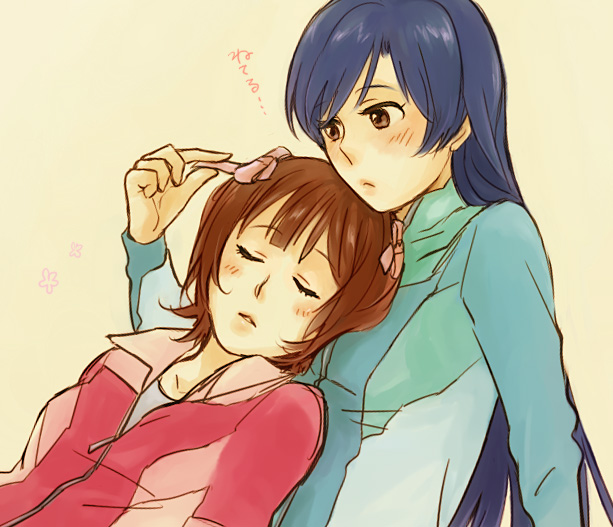 pe88y (yu tsugirls), amami haruka, kisaragi chihaya, idolmaster, idolmaster (classic), idolmaster 1, 00s, 2girls, blue hair, blush, brown hair, closed eyes, female focus, long hair, multiple girls, short hair, simple background, sleeping, yuri