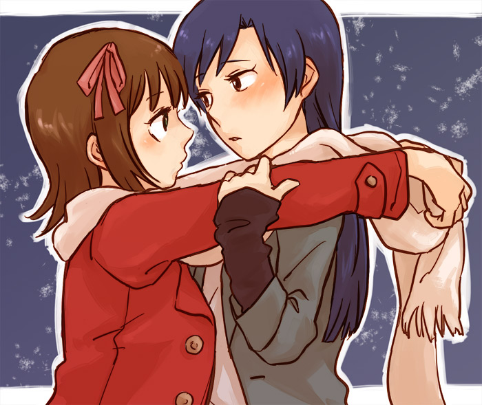 pe88y (yu tsugirls), amami haruka, kisaragi chihaya, idolmaster, idolmaster (classic), idolmaster 1, 00s, 2girls, blush, coat, eye contact, hair ribbon, imminent kiss, looking at another, multiple girls, ribbon, scarf, yuri
