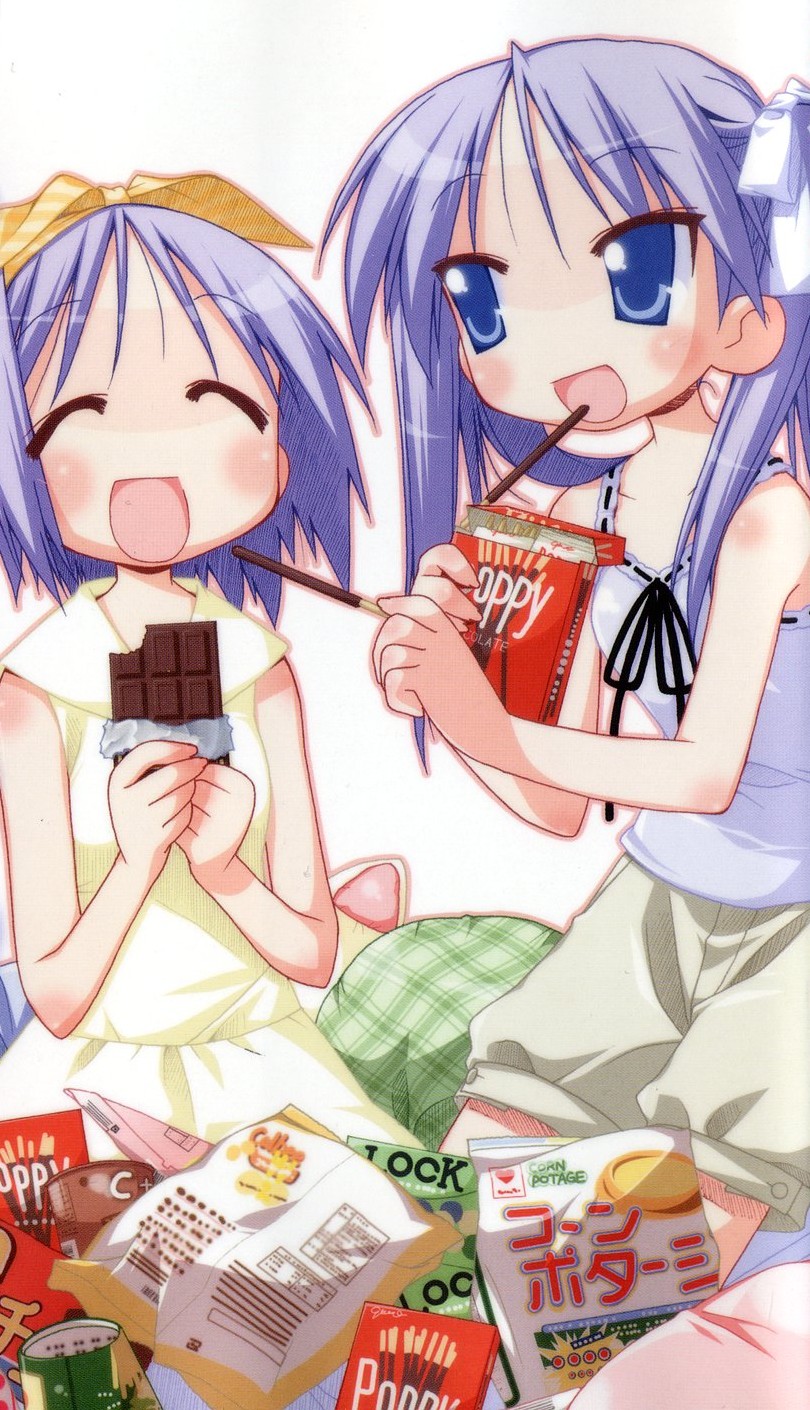 yoshimizu kagami, hiiragi kagami, hiiragi tsukasa, lucky star, highres, official art, scan, 00s, 2girls, blue eyes, brand name imitation, candy, chocolate, chocolate bar, eating, food, multiple girls, pocky, purple hair, short hair, siblings, sisters, twins, twintails