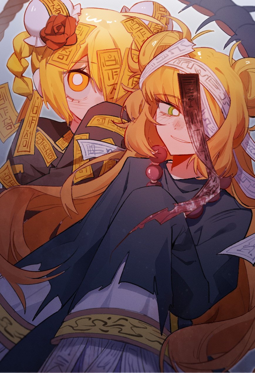 lihua miliki, don quixote (project moon), ishmael (project moon), limbus company, project moon, highres, 2girls, beads, blonde hair, blue robe, brown robe, double bun, e.g.o (project moon), flower, green eyes, grey background, hair bun, hundred-footed death maggot (e.g.o), long hair, long sleeves, looking at viewer, multiple girls, ofuda, ofuda on head, one eye covered, orange hair, prayer beads, red flower, red rose, red sheet (e.g.o), robe, rose, simple background, sleeves past fingers, sleeves past wrists, talisman, upper body, yellow eyes