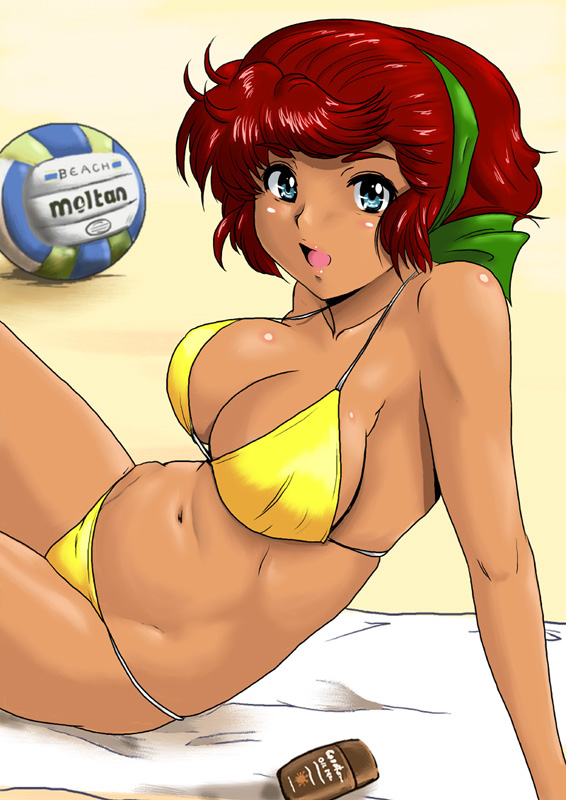 shu-z, ricarla borgnine, banpresto, super robot wars, ball, bare shoulders, beach, bikini, blue eyes, breasts, cleavage, collarbone, dark-skinned female, dark skin, large breasts, lotion, midriff, navel, open mouth, red hair, ribbon, shiny skin, sideboob, sitting, solo, sunscreen, swimsuit, towel, volleyball, volleyball (object), yellow bikini