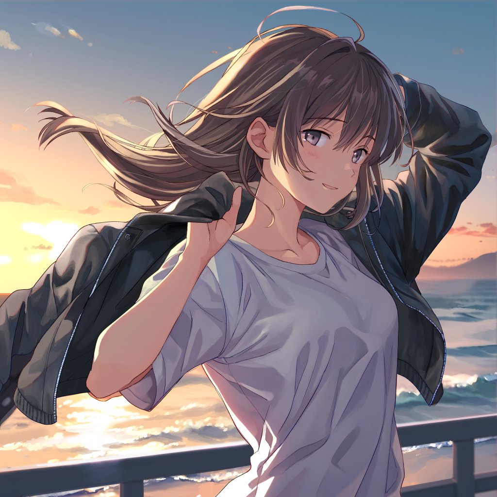 naname (danbooru maker), original, 1girl, ahoge, arm out of sleeve, backlighting, black jacket, brown hair, collarbone, evening, gradient sky, jacket, long hair, mountainous horizon, ocean, open clothes, open jacket, outdoors, purple eyes, railing, shirt, sky, solo, sunset, t-shirt, upper body, water, white shirt, wind