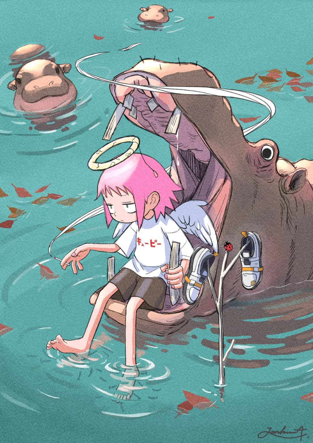 jonkumason, original, commentary request, highres, 1girl, angel, angel wings, baby animal, baby hippopotamus, barefoot, black shorts, bug, cigarette, feathered wings, feet, halo, hippopotamus, holding, holding cigarette, insect, jitome, ladybug, leaf on liquid, person in mouth, pink hair, print shirt, ripples, shirt, shoes, short sleeves, shorts, signature, smoke, soaking feet, unworn shoes, water, white shirt, wings