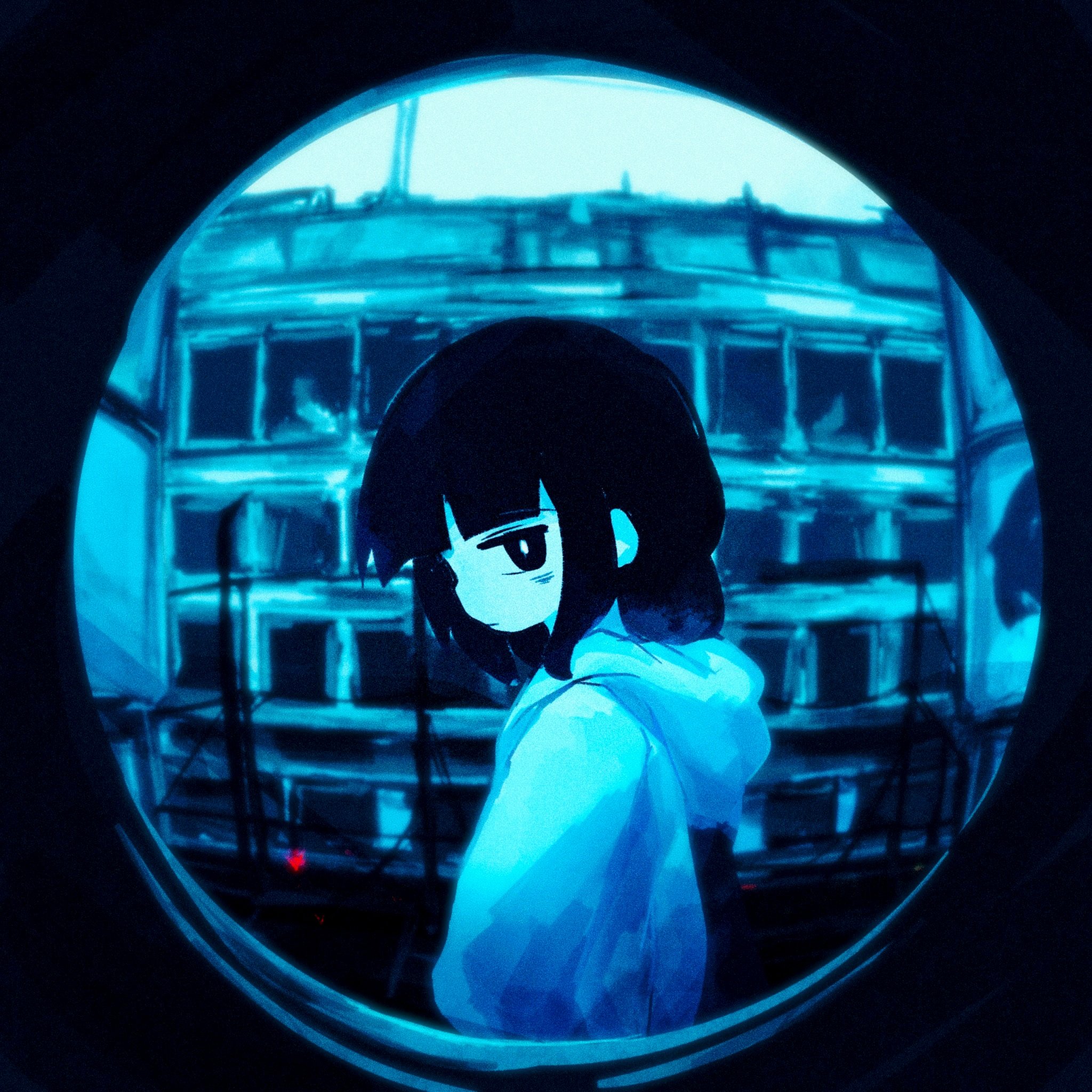stuffing scone, osage (nukunuku nigirimeshi), inabakumori, highres, 1girl, bags under eyes, black hair, blue theme, bright pupils, closed mouth, from side, hood, hood down, hoodie, monochrome, pov peephole, profile, sideways glance, solo, white pupils
