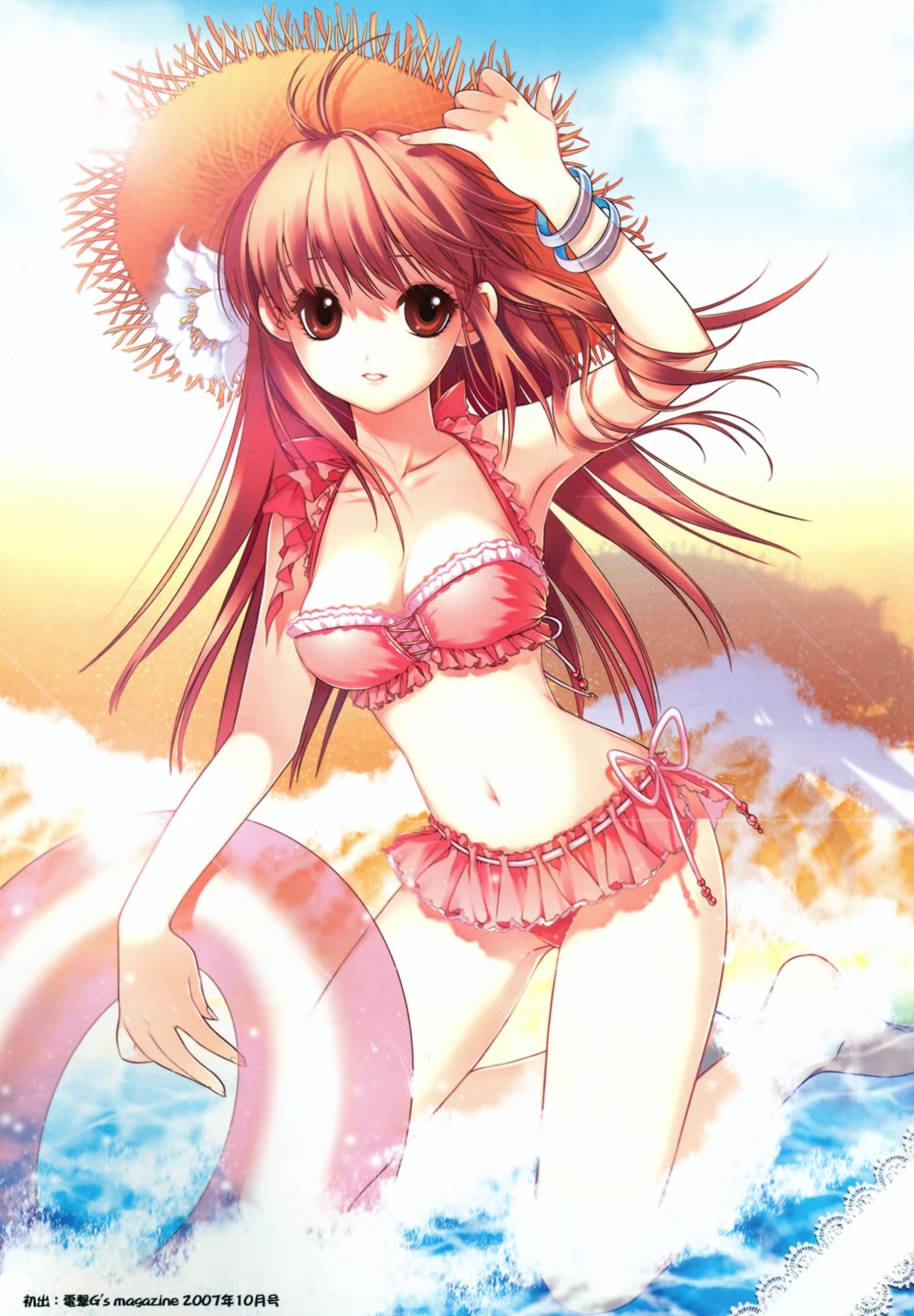 shirahane nao, absurdres, highres, 00s, 1girl, 2007, arm up, beach, bikini, bracelet, brown eyes, brown hair, cross-laced clothes, female focus, frilled bikini, frills, hat, innertube, jewelry, kneeling, long hair, looking at viewer, parted lips, pink bikini, red eyes, red hair, ribbon-trimmed bikini, ribbon trim, solo, straw hat, sun hat, swim ring, swimsuit, water