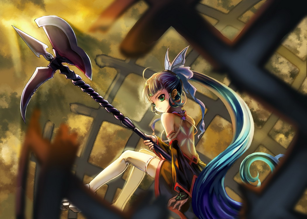 st.microscope, original, aqua hair, axe, back, blue hair, blurry, brown hair, depth of field, detached sleeves, gradient hair, green eyes, hair ornament, halberd, long hair, looking back, markings, multicolored hair, polearm, ponytail, sitting, solo, thighhighs, very long hair, warrior, weapon