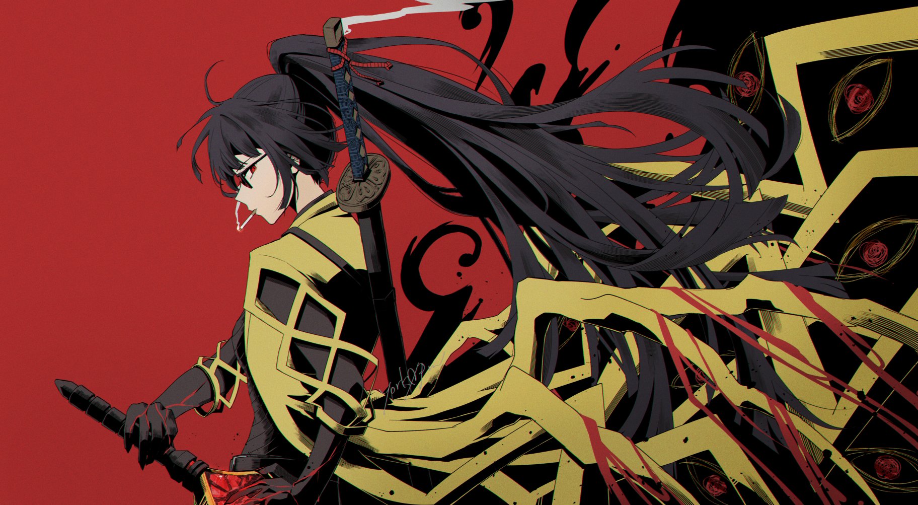 york0pm, ryoshu (project moon), limbus company, project moon, highres, 1girl, black gloves, black hair, blood, blood on clothes, blood on gloves, cigarette, coat, contempt awe (e.g.o), e.g.o (project moon), gloves, high ponytail, long hair, looking at viewer, looking over eyewear, n corp. e.g.o (identity) (project moon), ootachi, ponytail, red background, red eyes, simple background, smoking, solo, sunglasses, sword, sword on back, upper body, weapon, weapon on back, yellow coat