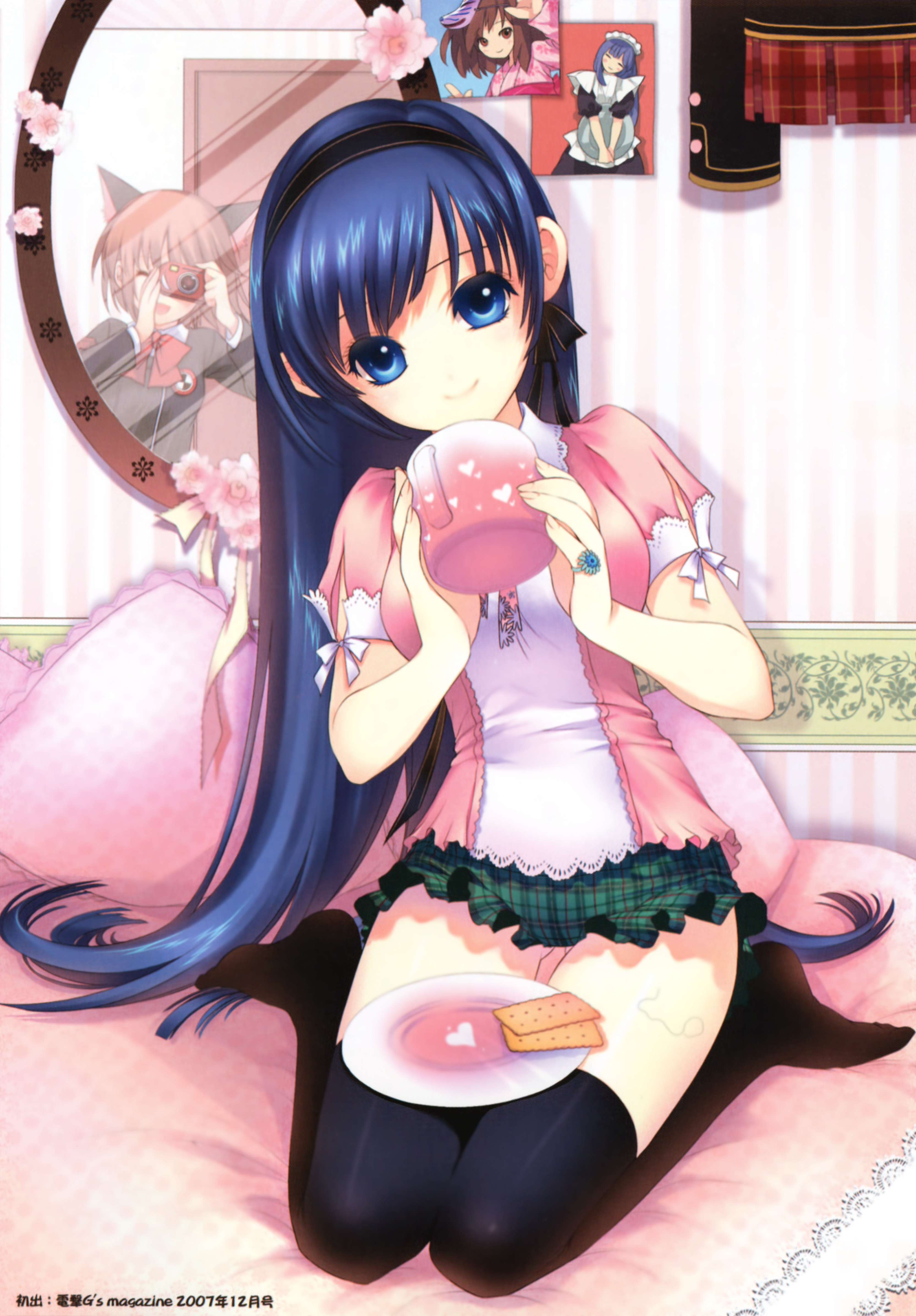 shirahane nao, absurdres, highres, 2girls, bed, blue eyes, blue hair, brown hair, mirror, multiple girls, pillow, reflection, thighhighs