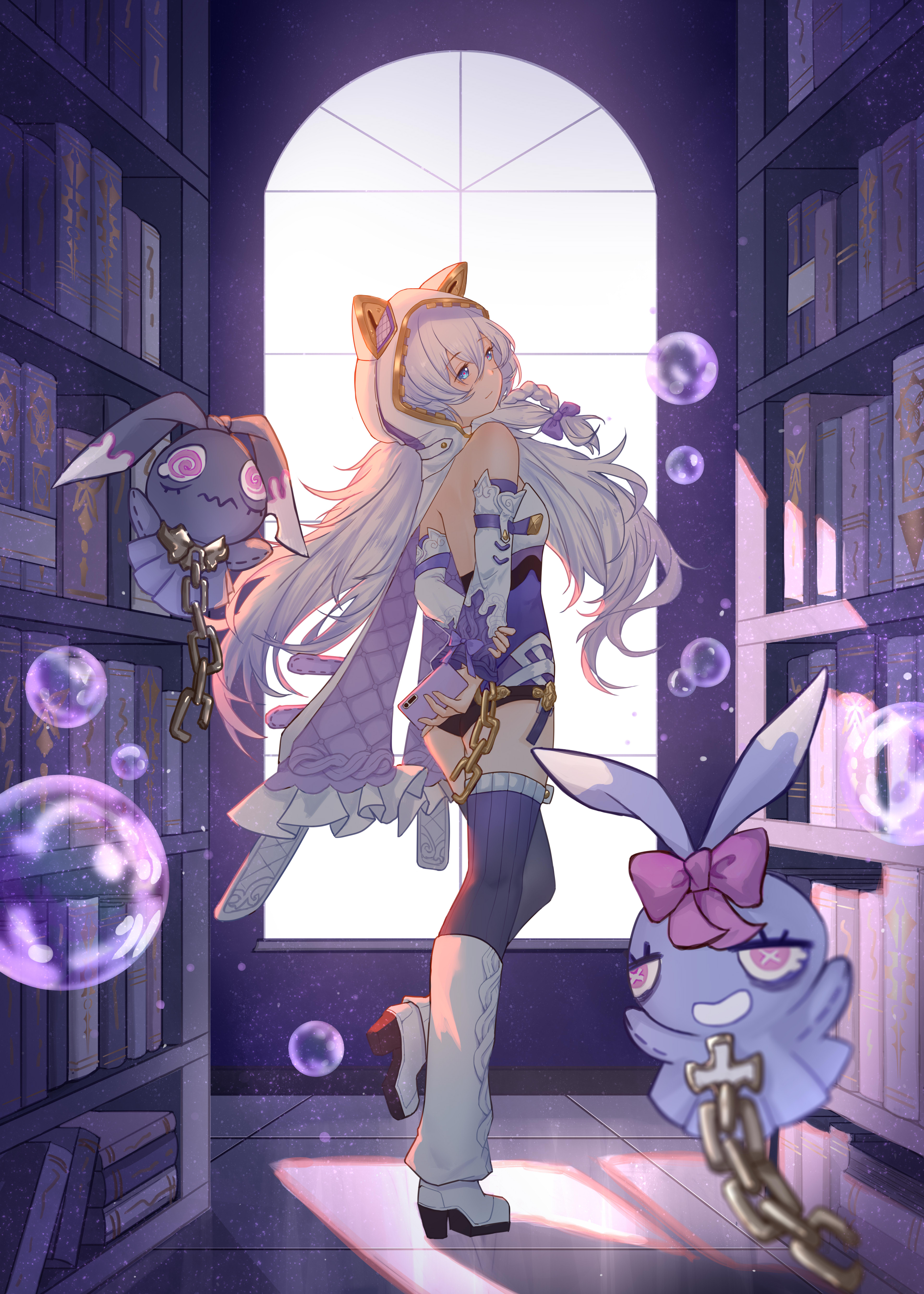 yichuanxue, theresa apocalypse, theresa apocalypse (schicksal's imperative), honkai (series), honkai impact 3rd, absurdres, highres, 1girl, back, bare shoulders, blue eyes, book, bookshelf, bow, closed mouth, full body, hair bow, indoors, library, long hair, looking at viewer, looking back, purple bow, solo, standing, standing on one leg, white hair, white sleeves