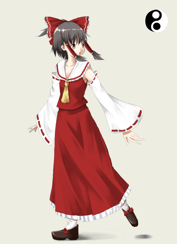shinnoji, hakurei reimu, touhou, beige background, 1girl, bare shoulders, black hair, bow, detached sleeves, female focus, hair bow, long skirt, looking back, red bow, red skirt, ribbon-trimmed sleeves, ribbon trim, sidelocks, simple background, skirt, solo, walking