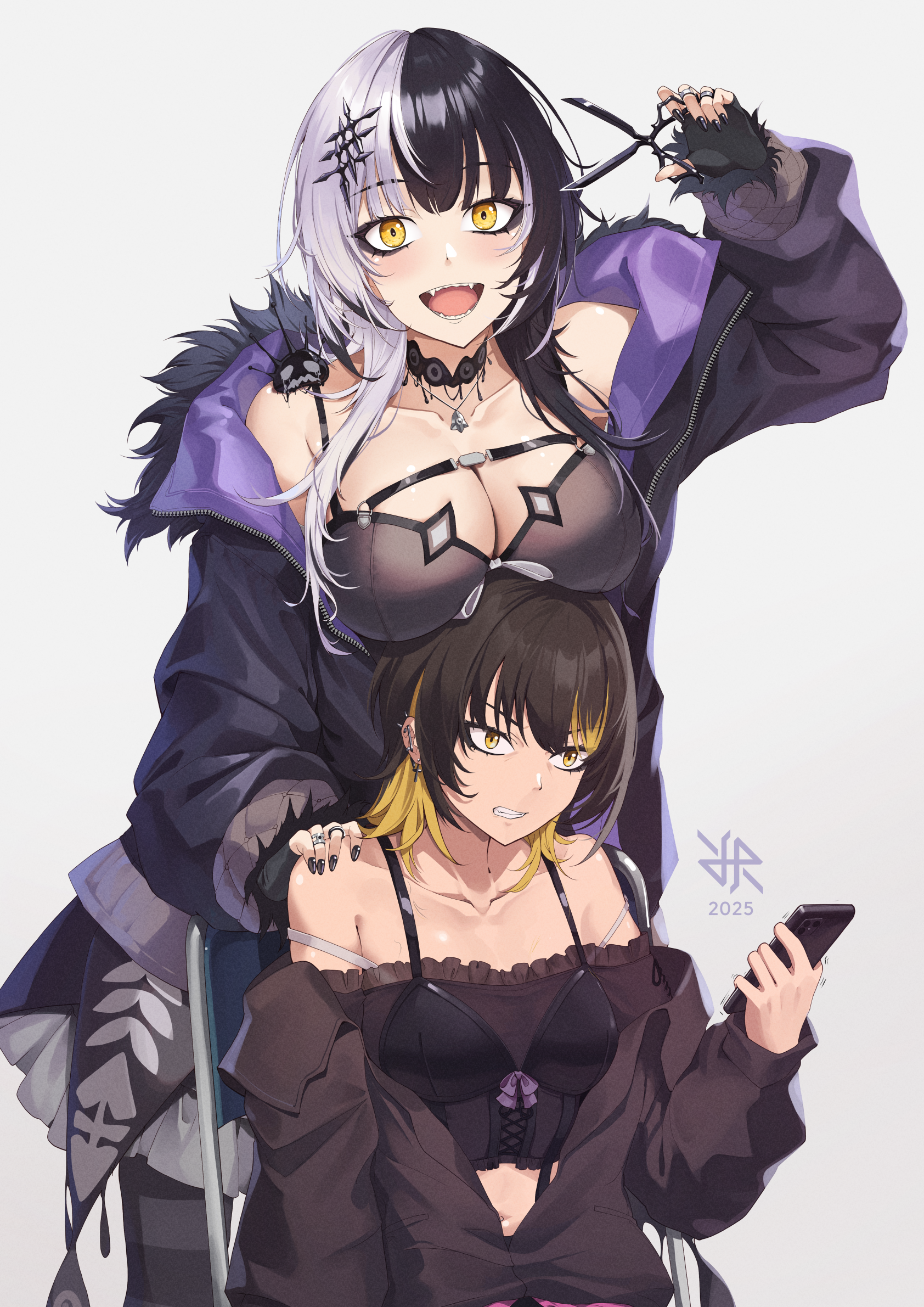 hiroki ree, ikaruga luca, shiori novella, shiori novella (1st costume), yorick (shiori novella), hololive, hololive english, idolmaster, idolmaster shiny colors, highres, 2025, 2girls, artist logo, black bra, black dress, black hair, black jacket, black nails, blonde hair, bra, breast envy, breast rest, breasts, breasts on head, choker, cleavage, clenched teeth, collarbone, cross hair ornament, dress, ear piercing, eyeliner, fingernails, fur-trimmed jacket, fur trim, grey background, hair ornament, holding, holding phone, holding scissors, jacket, jewelry, lace, lace choker, large breasts, logo, long fingernails, long hair, long sleeves, looking at viewer, makeup, medium hair, midriff, multicolored hair, multiple girls, multiple rings, nail polish, navel, necklace, off shoulder, open mouth, phone, piercing, ring, scissors, sharp teeth, simple background, sitting, small breasts, smile, teeth, two-tone hair, underwear, virtual youtuber, white hair, yellow eyes