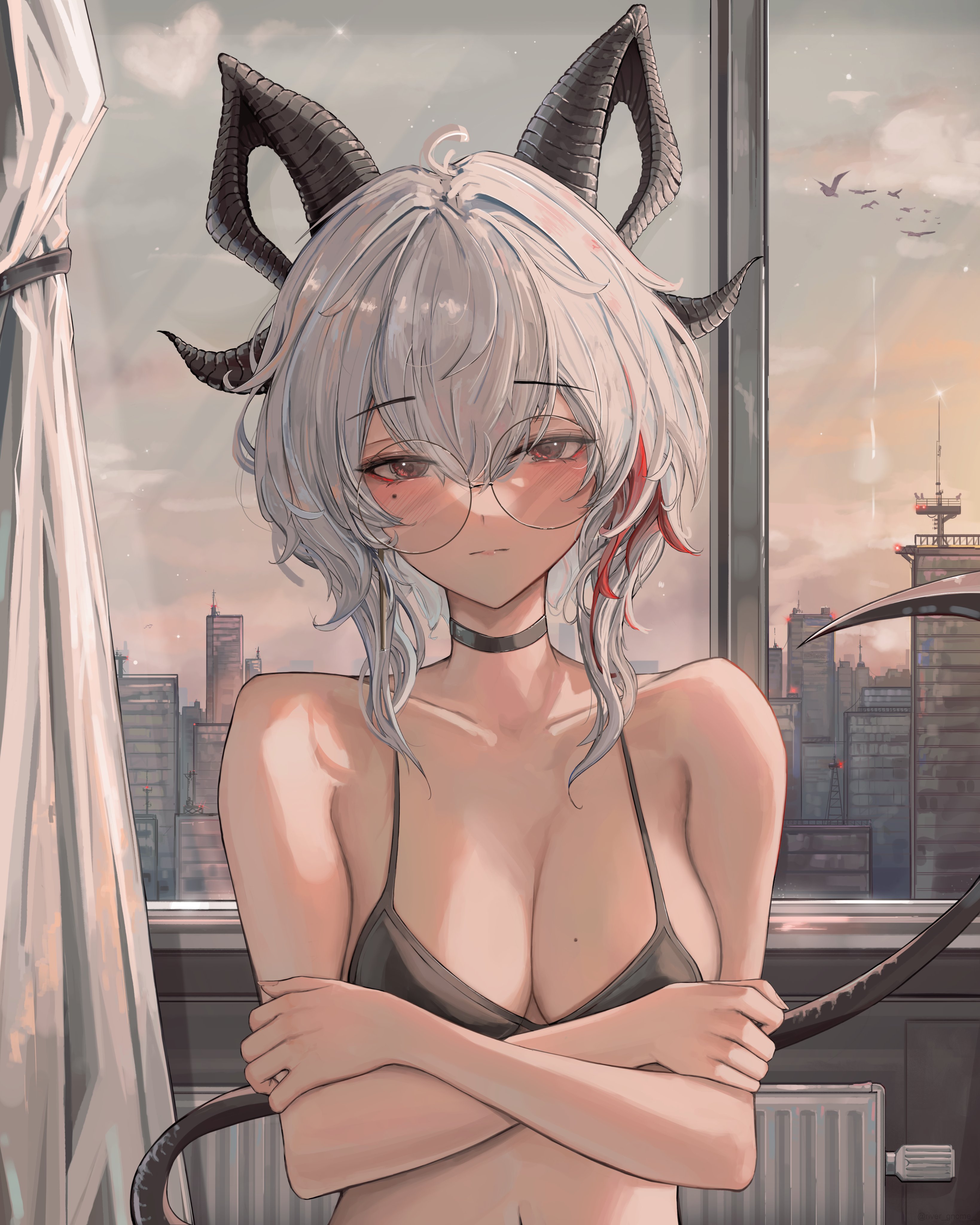 riuv187567, zani (wuthering waves), wuthering waves, absurdres, commentary, english commentary, highres, 1girl, bare shoulders, bespectacled, black bra, black choker, black horns, black tail, blush, bra, breasts, choker, cleavage, closed mouth, collarbone, crossed arms, curled horns, demon tail, earrings, fingernails, glasses, grey hair, horns, indoors, jewelry, key earrings, long hair, looking at viewer, medium breasts, medium hair, mole, mole under eye, multicolored hair, red eyes, round eyewear, solo, streaked hair, tail, underwear, upper body