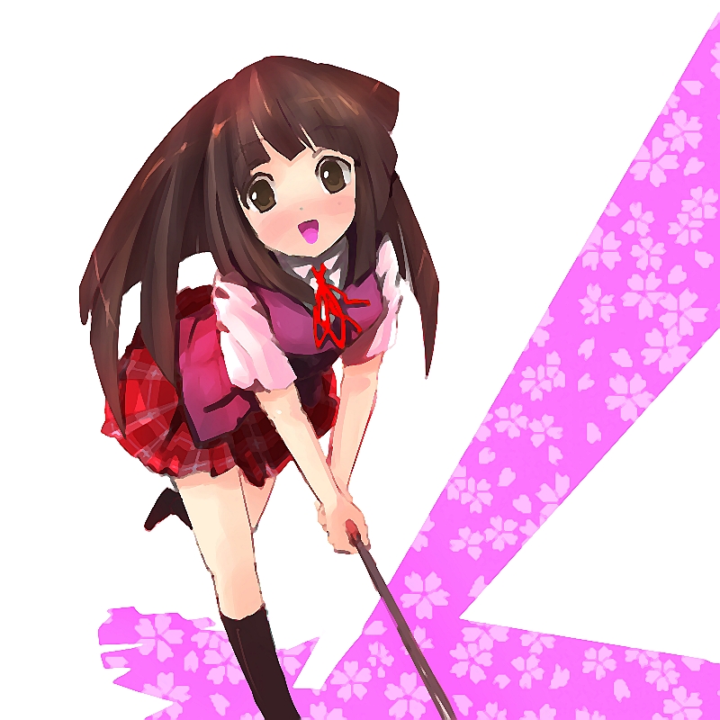 koga (koga smile), konoe konoka, mahou sensei negima!, 00s, brown eyes, brown hair, cherry blossoms, long hair, school uniform, serafuku, solo, wand