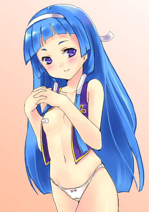 panbai, nagi, kannagi, 00s, 1girl, bandaid, bandaids on nipples, blue hair, blunt bangs, bow, bow panties, female focus, hair tubes, long hair, nude, panties, pasties, pink panties, solo, underwear