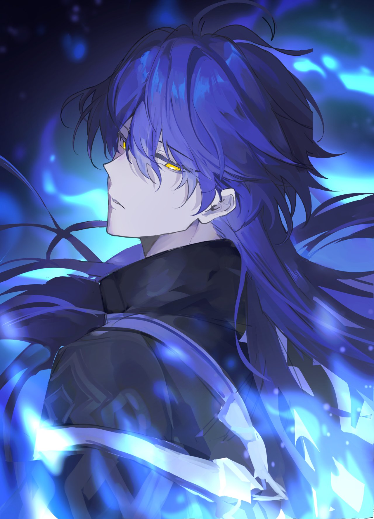 efu (angelschatedral99), flins (genshin impact), genshin impact, commentary, english commentary, highres, 1boy, antenna hair, black coat, blue fire, blue hair, closed mouth, coat, empty eyes, fire, floating hair, frown, hair between eyes, long hair, looking back, male focus, solo, upper body, very long hair, yellow eyes
