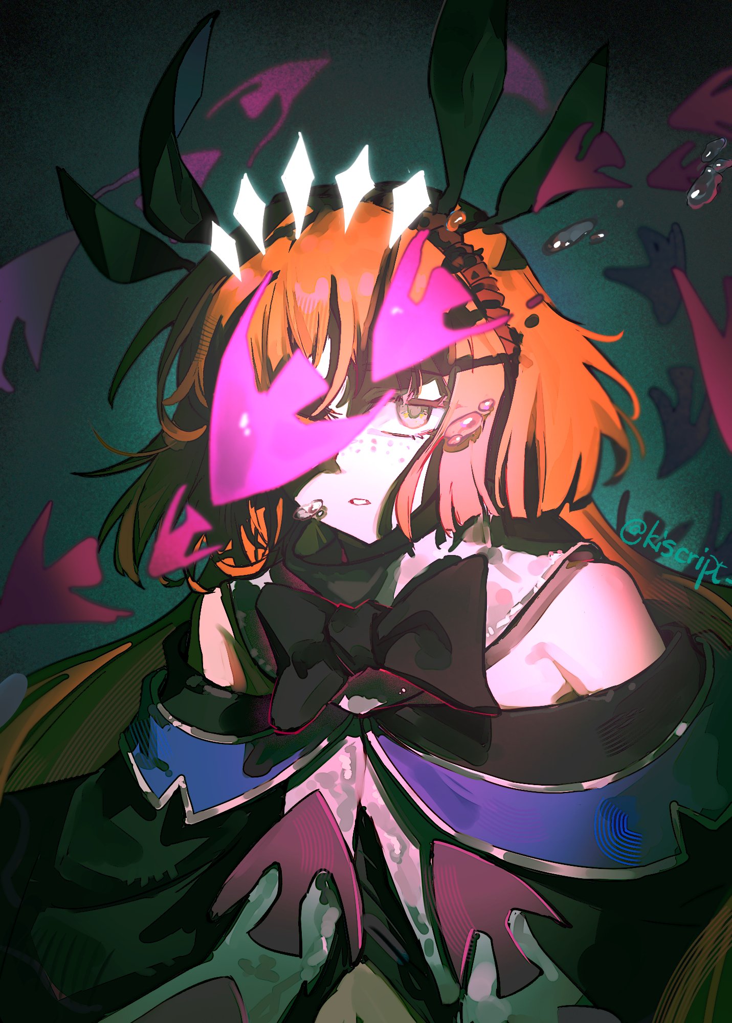 kiscript, ishmael (project moon), arknights, limbus company, project moon, highres, 1girl, air bubble, black bow, black bowtie, black capelet, bow, bowtie, brown hairband, bubble, capelet, clothing cutout, fish, freckles, green background, hairband, long hair, looking at viewer, multiple hair ribbons, navel cutout, off-shoulder capelet, orange hair, simple background, solo, tidal elegy (e.g.o), upper body, yellow eyes