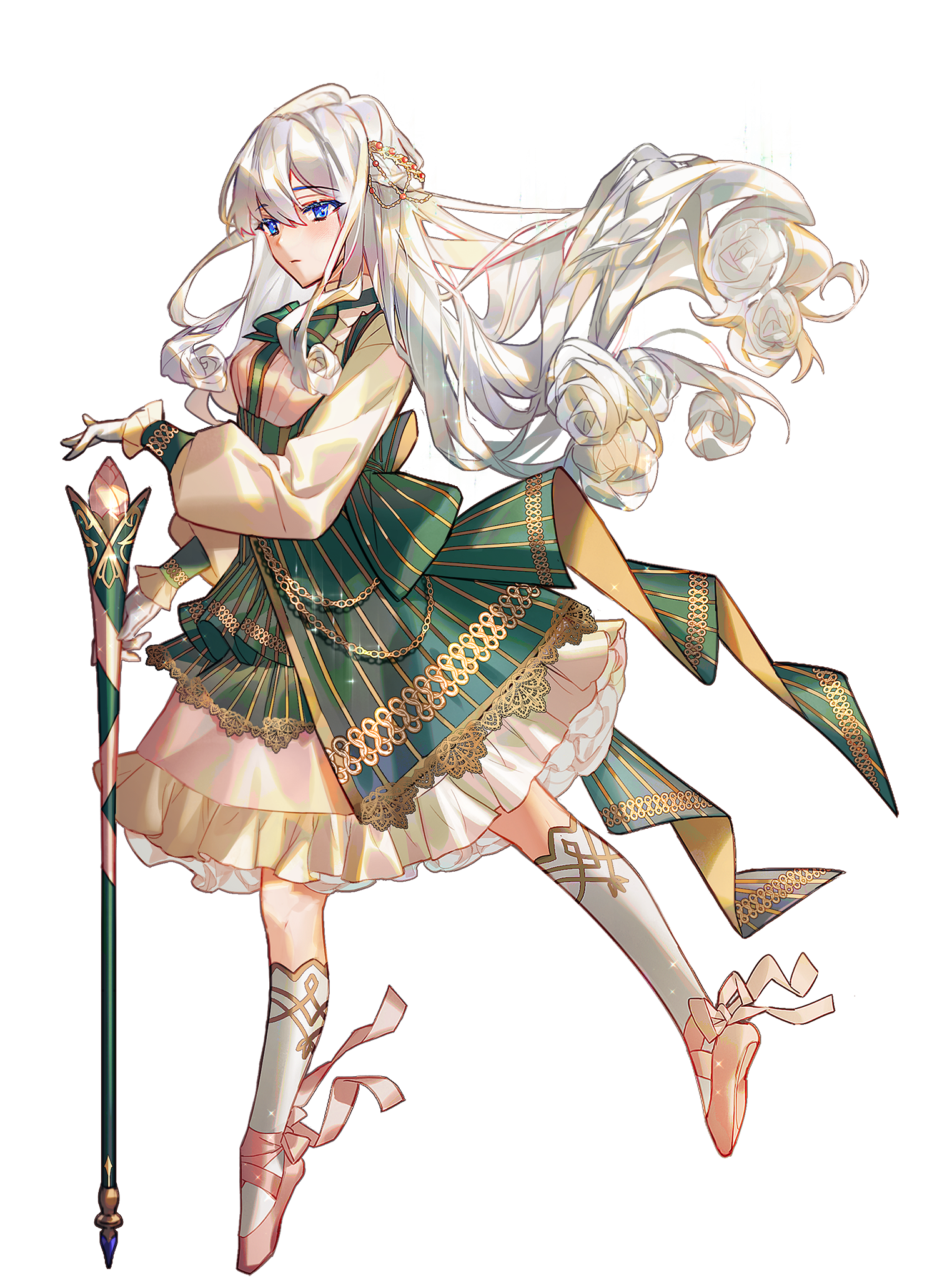bamcream, original, commentary, commission, english commentary, highres, 1girl, blue eyes, blush, bow, bowtie, closed mouth, dress, full body, green bow, green bowtie, green dress, hair between eyes, holding, holding staff, long hair, long sleeves, pink shoes, shoes, socks, solo, staff, standing, standing on one leg, striped bow, striped bowtie, striped clothes, transparent background, white hair, white socks