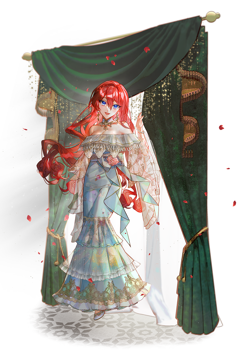 bamcream, original, commentary, commission, english commentary, highres, 1girl, :d, bare shoulders, blue dress, blue eyes, blush, breasts, cleavage, curtains, dress, frilled sleeves, frills, full body, hair between eyes, large breasts, long hair, long sleeves, looking at viewer, off-shoulder dress, off shoulder, open mouth, red hair, shoes, smile, solo, standing, white shoes, wide sleeves