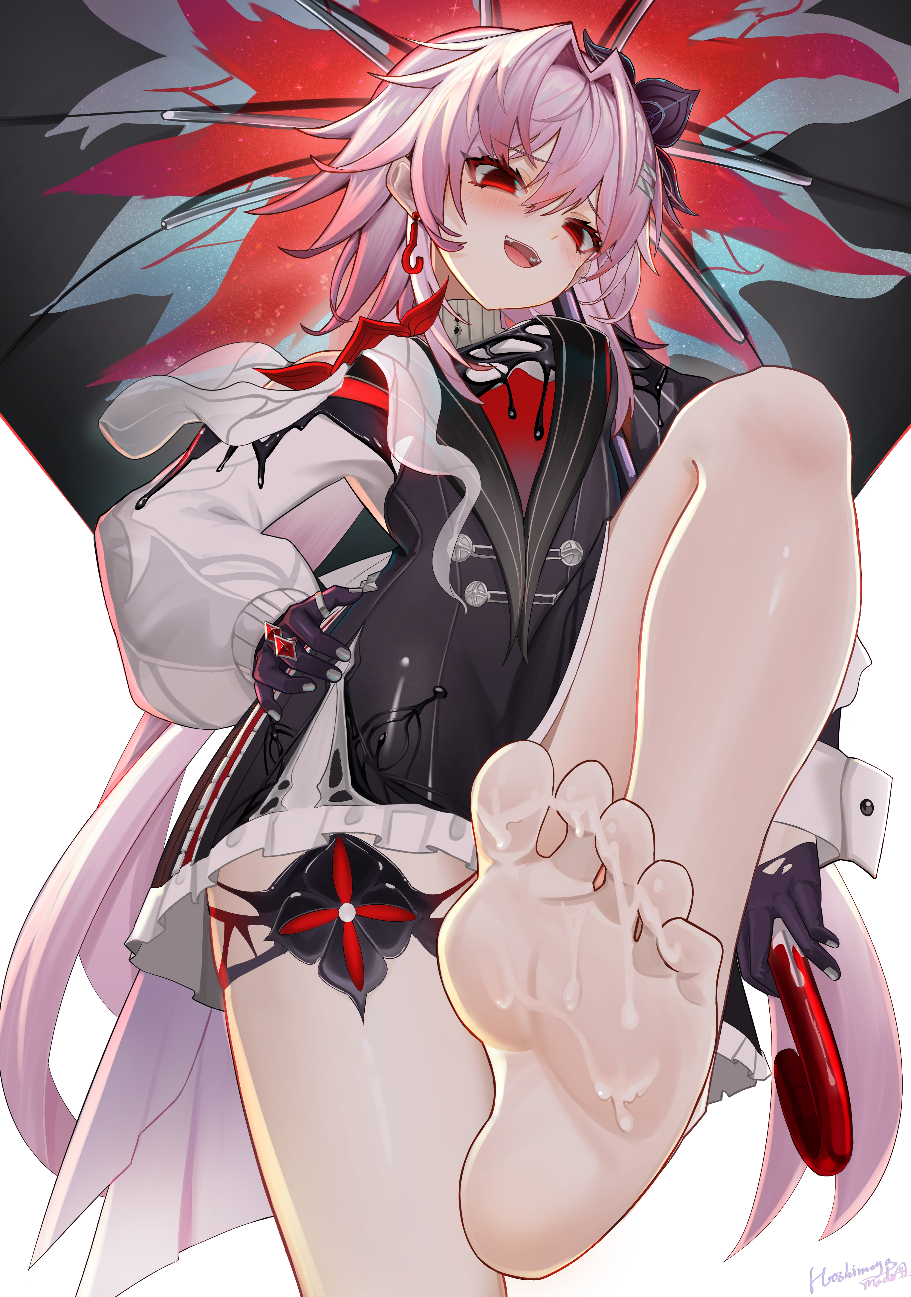 xinggong shili, evernight (honkai: star rail), march 7th (honkai: star rail), honkai: star rail, honkai (series), absurdres, highres, 1girl, barefoot, blush, cum, feet, long hair, open mouth, pink hair, red eyes, soles, toes