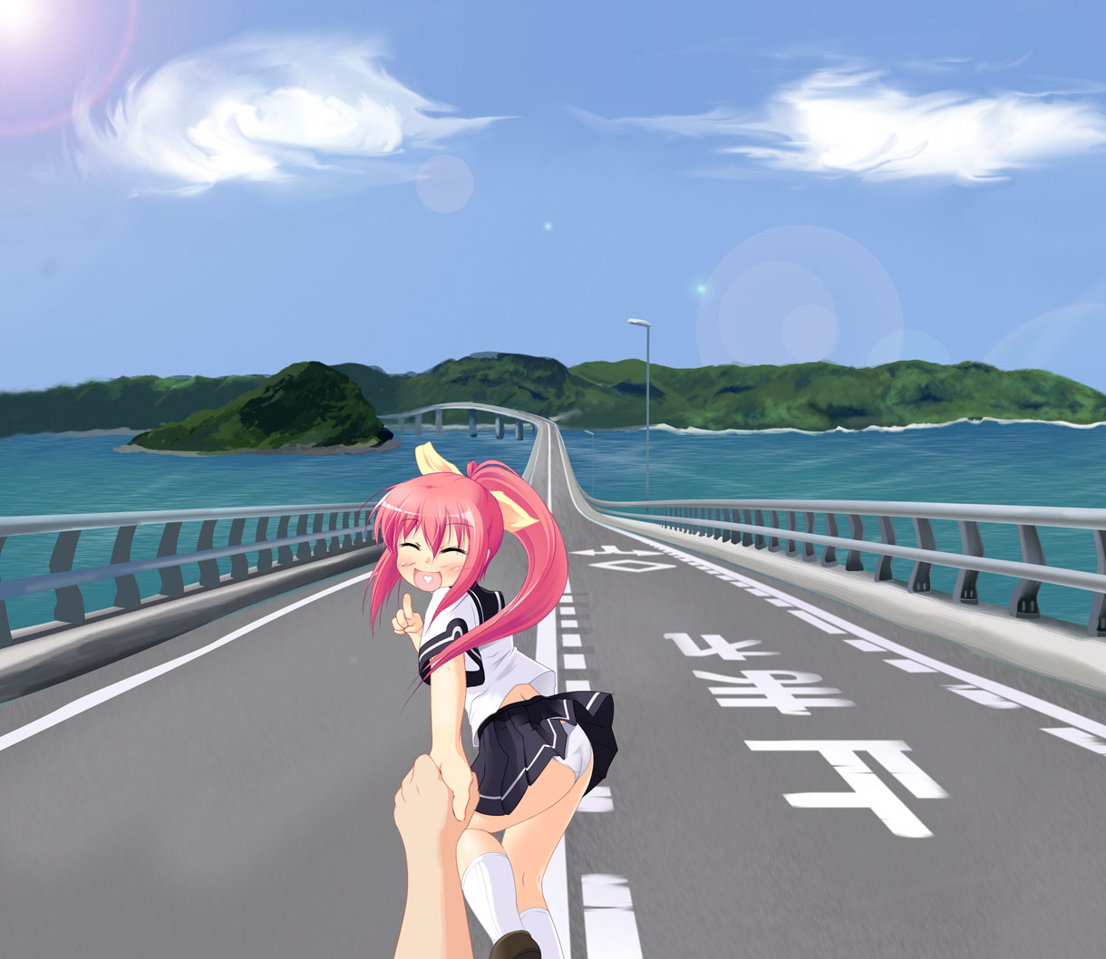 hana, kotatsu (kotatsu3), hana (pangya), pangya, bad id, bad pixiv id, 1girl, closed eyes, cloud, day, heart, heart in mouth, holding hands, island, panties, pink hair, ponytail, pov, road, scenery, school uniform, serafuku, skirt, sky, solo focus, underwear