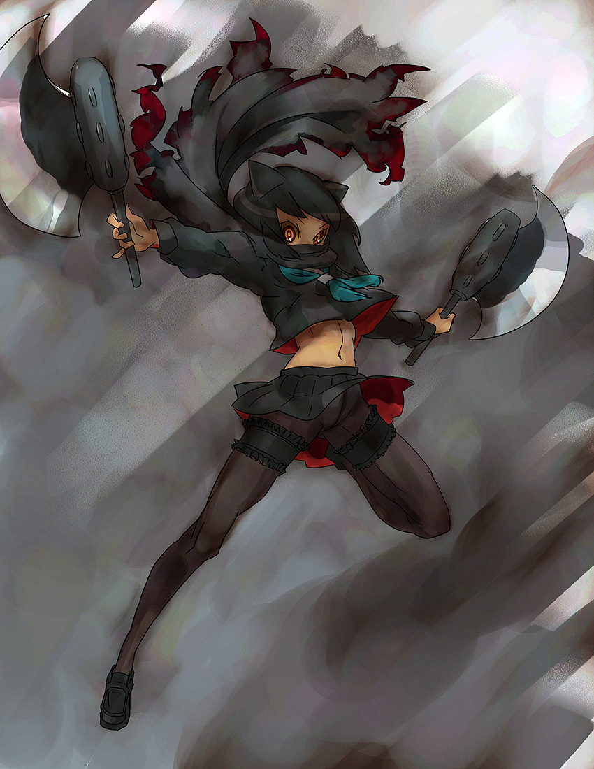 fgz, black getter, getter robo, toei company, 1girl, axe, black hair, dual wielding, female focus, frilled thigh strap, frills, holding, jumping, legband, mecha, midriff, navel, panties, panties under pantyhose, pantyhose, pantyshot, personification, red eyes, ringed eyes, robot, scarf, school uniform, serafuku, shoes, skirt, solo, thigh strap, underwear, upskirt, weapon