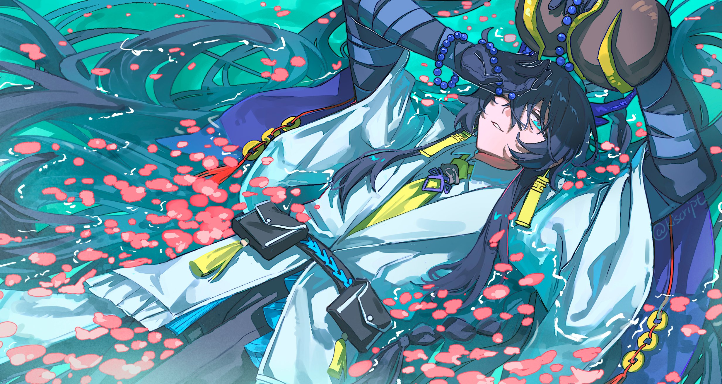 kiscript, hong lu (project moon), limbus company, project moon, highres, 1boy, aqua background, beads, black gloves, black hair, blue eyes, cherry blossoms, coat, collared shirt, earrings, gloves, jewelry, long hair, looking at viewer, lying, male focus, necktie, on back, one eye closed, pink petals, shirt, simple background, to remain oneself (e.g.o), upper body, water, white coat, white shirt, yellow necktie