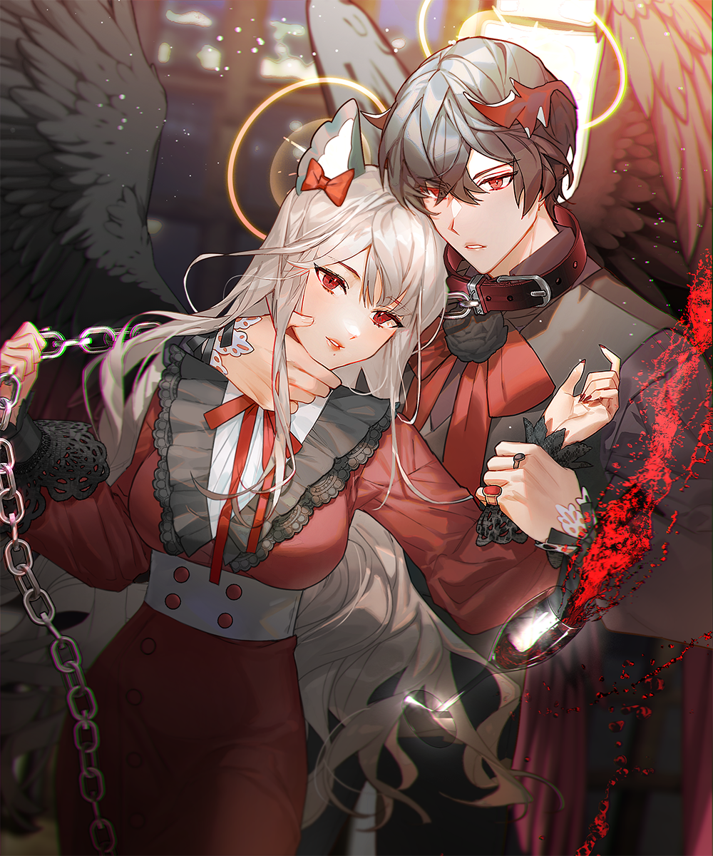 bamcream, mabinogi, character request, commentary, commission, english commentary, highres, 1boy, 1girl, animal ear fluff, animal ears, belt collar, black collar, black hair, black shirt, black wings, bow, breasts, chain, collar, dress, ear bow, feathered wings, grey hair, hair between eyes, large breasts, long hair, long sleeves, looking at viewer, neck ribbon, parted lips, red bow, red dress, red eyes, red ribbon, ribbon, shirt, short hair, upper body, wings