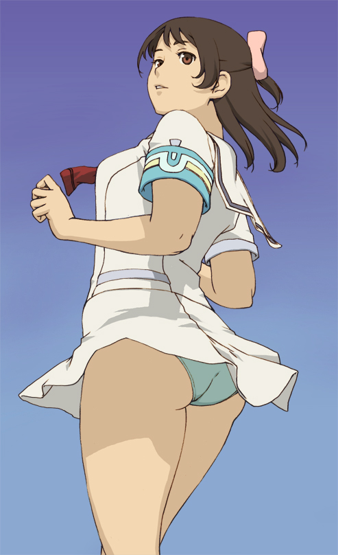 ikeda usao, aoi minamo, real drive, 1girl, ass, bow, brown eyes, brown hair, female focus, panties, pink bow, ribbon, school uniform, serafuku, solo, underwear, upskirt