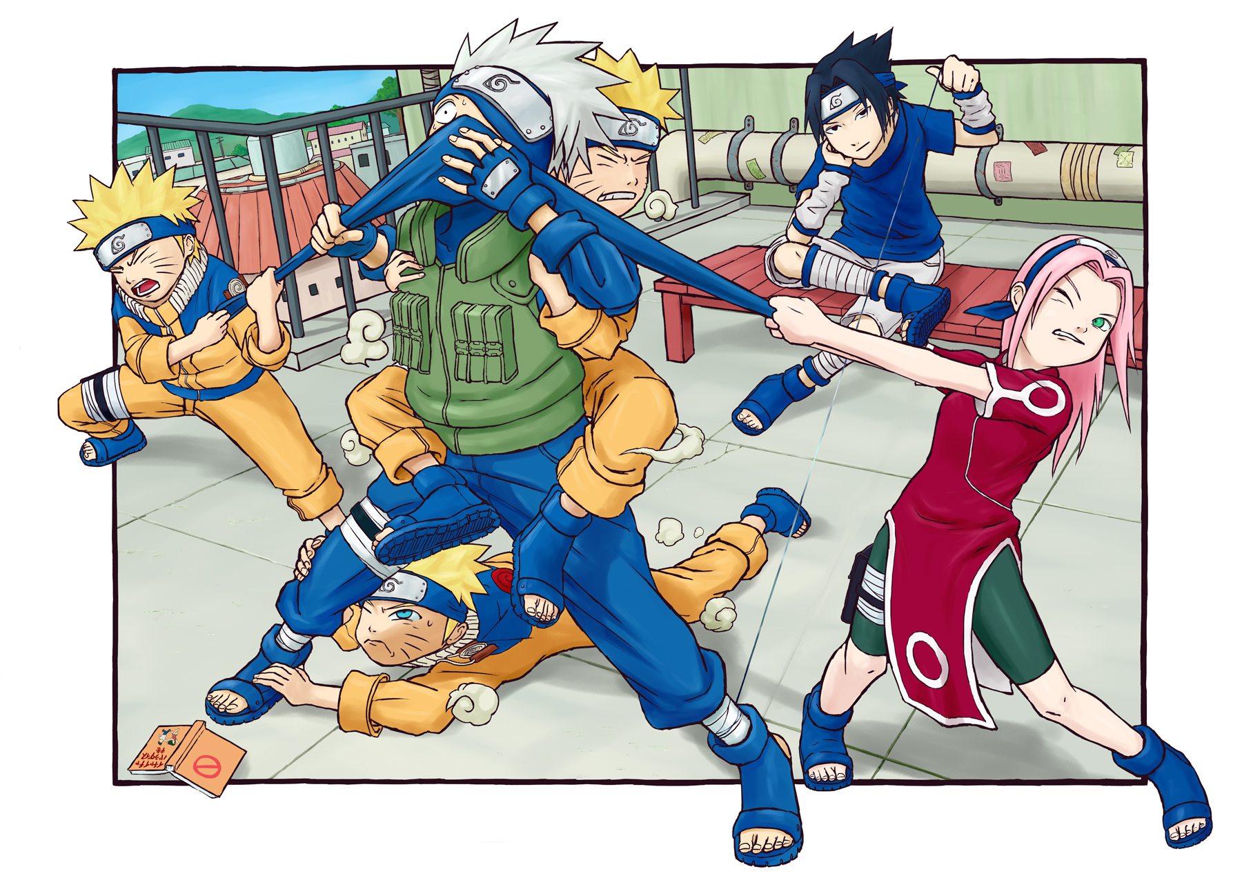 haruno sakura, hatake kakashi, uchiha sasuke, uzumaki naruto, naruto (classic), naruto (series), highres, 1girl, 3boys, arm warmers, atomsk (artist), bandaged leg, bandages, bench, bike shorts, black eyes, black hair, blonde hair, blue eyes, blue gloves, blue pants, blue shirt, book, border, building, clenched teeth, clone, closed eyes, crossed legs, day, dress, elbow rest, facial mark, fingerless gloves, flak jacket, forehead protector, full nelson, gloves, green eyes, green vest, grey hair, hair intakes, holster, icha icha (naruto), industrial pipe, jacket, konohagakure, konohagakure shinobi uniform, konohagakure symbol, long hair, long sleeves, mask, mountainous horizon, mouth mask, multiple boys, ninja mask, on bench, one eye closed, one eye covered, open mouth, orange jacket, orange pants, outdoors, outside border, pants, pink hair, power lines, pulling another's clothes, red dress, rooftop, sandals, shirt, short hair, short sleeves, shorts, sky, smirk, smoke, spiked hair, sticker, sweat, team 7 (naruto), teamwork, teeth, thigh holster, toeless legwear, tree, tsurime, v-shaped eyebrows, vest, whisker markings, white border, white shorts, wide-eyed, wire, wooden bench
