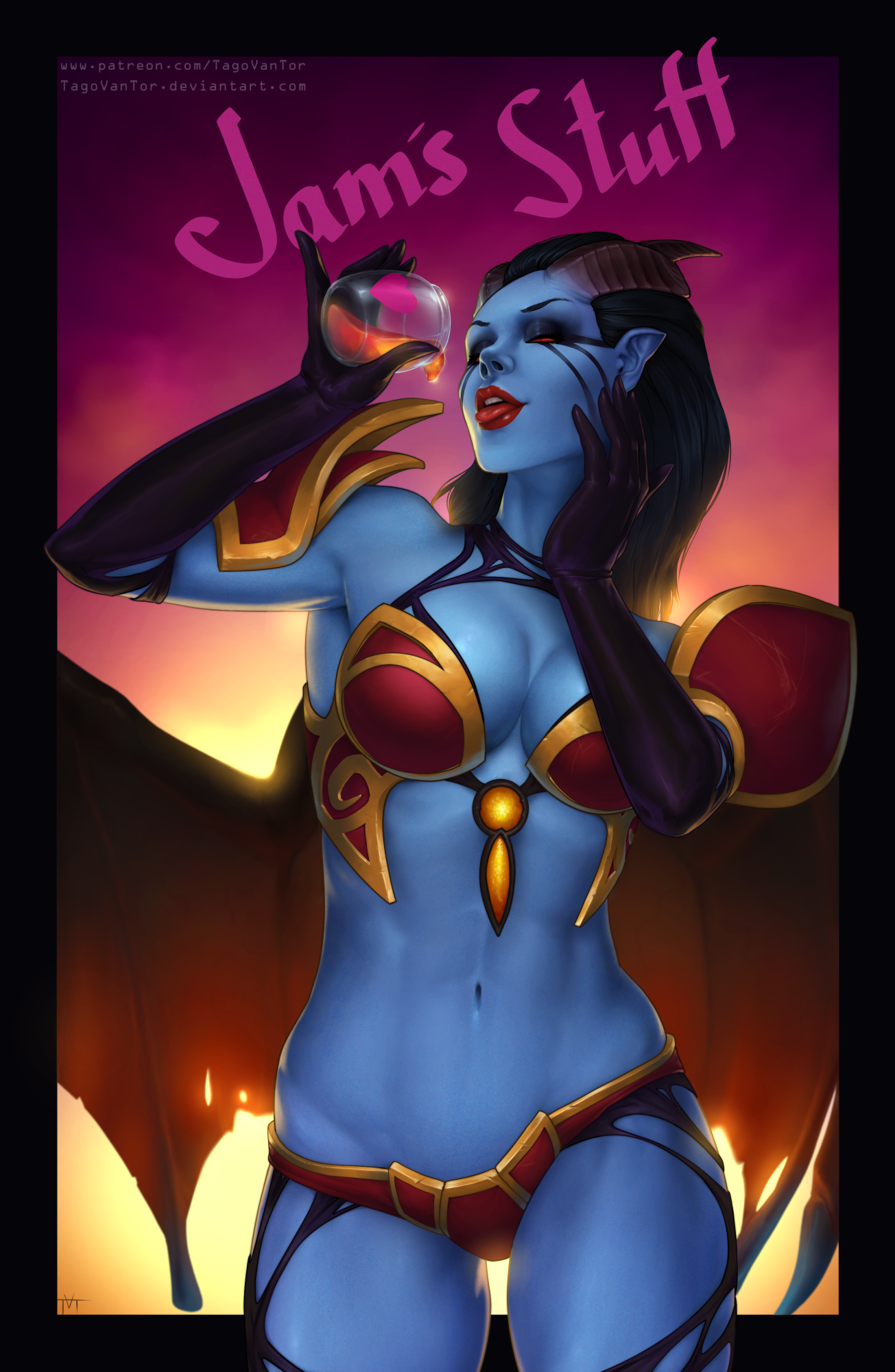 tagovantor, defense of the ancients, dota (series), character request, commentary, commission, english commentary, highres, 1girl, black gloves, black hair, blue skin, boobplate, bottle, breastplate, breasts, colored sclera, colored skin, cowboy shot, demon girl, demon horns, demon wings, elbow gloves, gloves, holding, holding bottle, horns, large breasts, long hair, navel, pink background, red eyes, red sclera, shiny skin, solo, torn wings, wings
