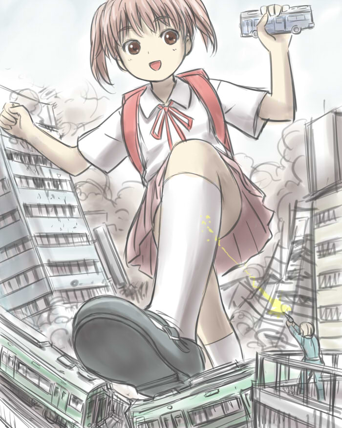 manzi, bad id, bad pixiv id, child, energy gun, giant, giantess, kneehighs, open mouth, ray gun, shoes, short twintails, skirt, socks, solo, twintails, weapon