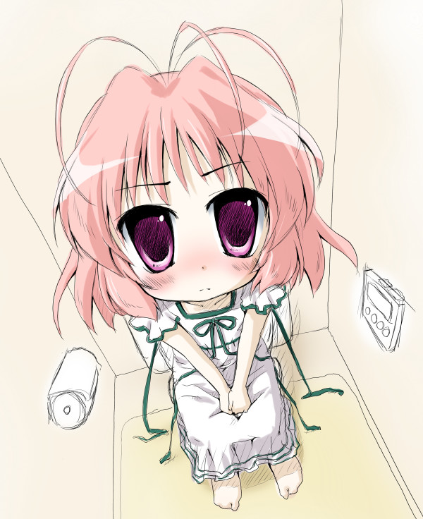 natsuhime yuran, amatsuka fubuki, baby princess, 10s, 1girl, antenna hair, chibi, female focus, pink hair, sitting, solo, toilet, toilet use