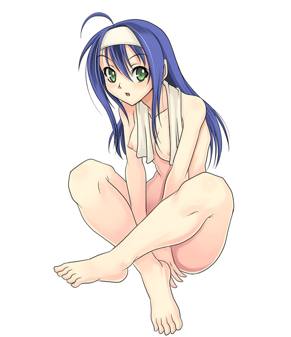 syunzou, mia (fire emblem), fire emblem, fire emblem: path of radiance, fire emblem: radiant dawn, nintendo, 1girl, ahoge, barefoot, blue hair, breasts, crossed legs, feet, female focus, green eyes, hairband, headband, indian style, nipples, nude, sitting, small breasts, solo, towel