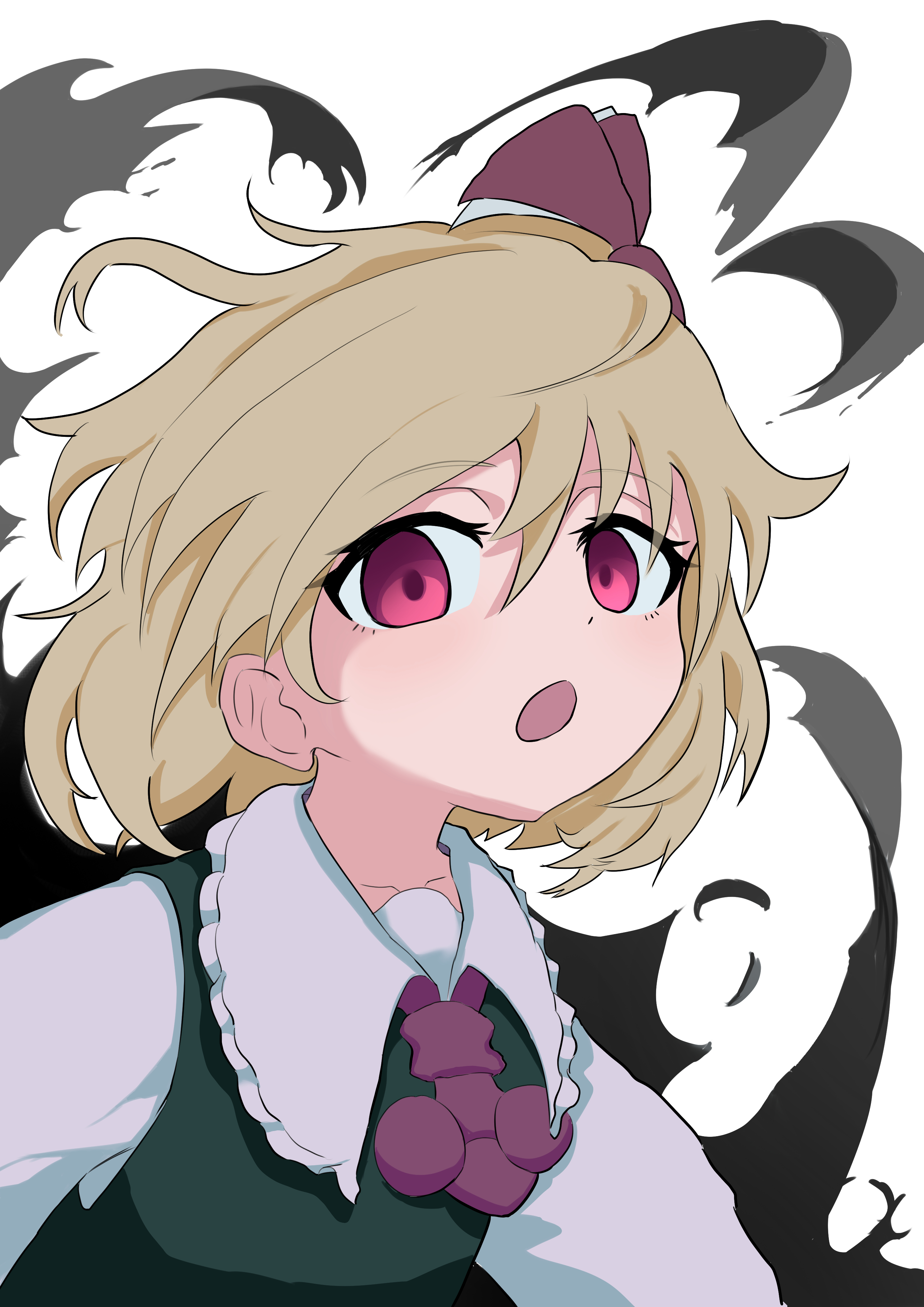 guminemi, rumia, touhou, absurdres, highres, 1girl, :o, ascot, black vest, blonde hair, bow, darkness, hair bow, looking at viewer, open mouth, red ascot, red bow, red eyes, shirt, short hair, solo, upper body, vest, white background, white shirt