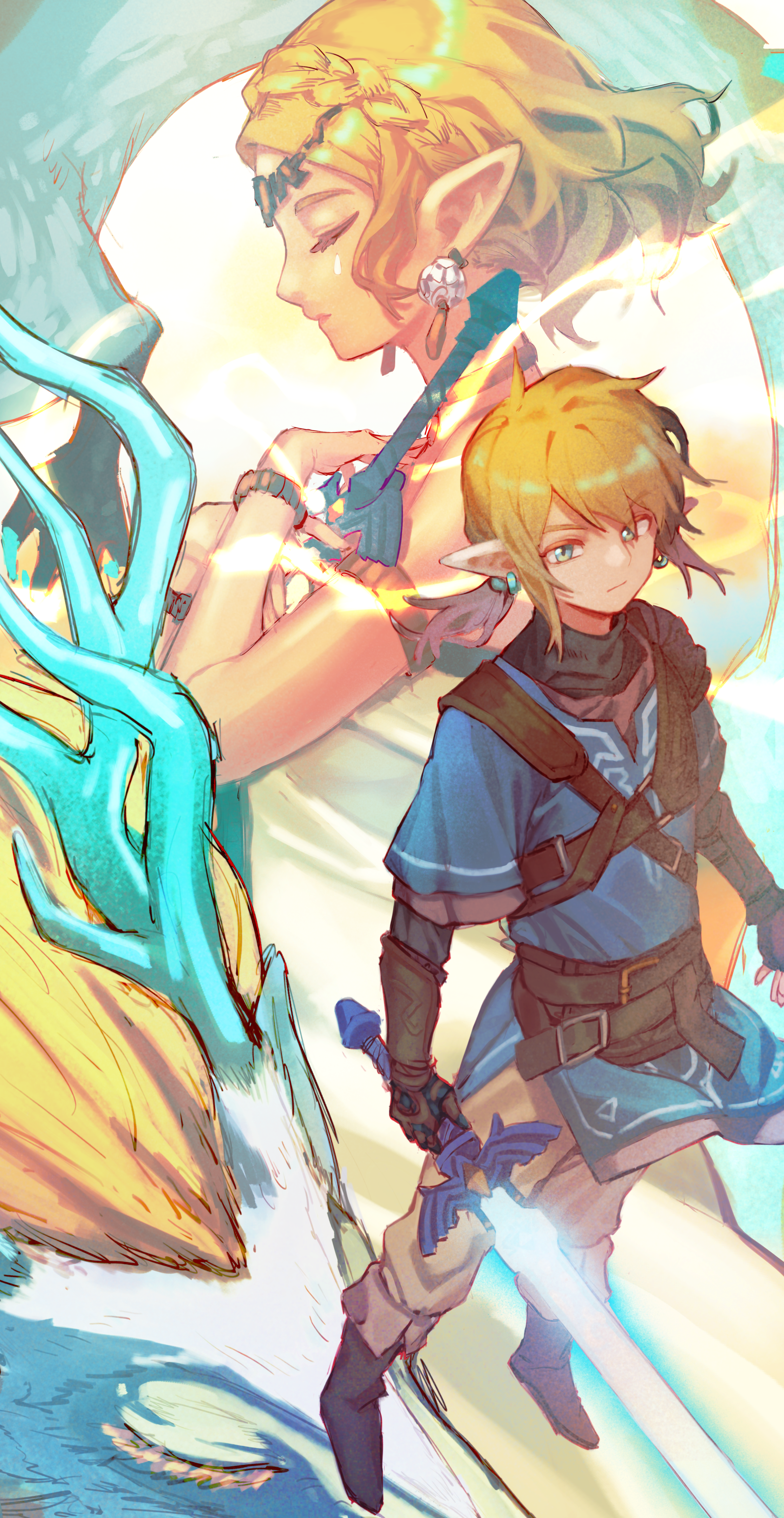 tuck (tuck23978434), link, princess zelda, nintendo, the legend of zelda, the legend of zelda: tears of the kingdom, absurdres, highres, 1boy, 1girl, blonde hair, closed eyes, elf, full body, looking to the side, pointy ears, solo