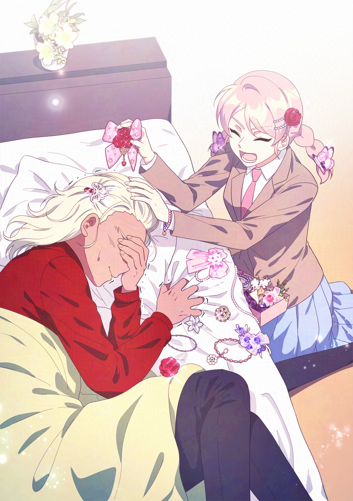 gouenji shuuya, gouenji yuuka, inazuma eleven (series), inazuma eleven go, highres, 1boy, 1girl, bed, black socks, blonde hair, blue skirt, braid, brother and sister, brown jacket, closed eyes, embarrassed, gguck, hair ornament, jacket, lying, necktie, on bed, on side, open mouth, pink hair, pleated skirt, red jacket, shirt, siblings, skirt, smile, socks, twin braids, white shirt