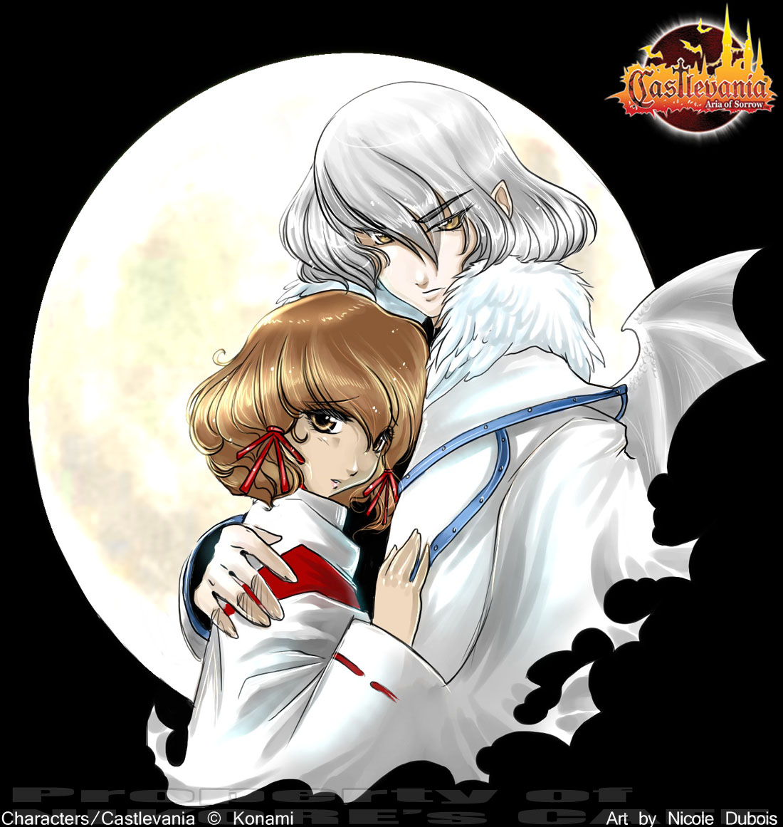 neolucky, hakuba mina, soma cruz, castlevania: aria of sorrow, castlevania (series), 1boy, hug, jacket, japanese clothes, moon, orange hair, pointy ears, watermark, white hair, wings, yellow eyes