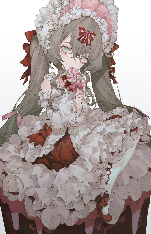 dolphro-kun, original, commentary request, 1girl, bare shoulders, bow, candy, dress, flower, food, frilled dress, frills, grey eyes, grey hair, hair between eyes, hair bow, high heels, holding, holding candy, holding food, holding lollipop, licking, lollipop, long hair, long sleeves, looking at viewer, pantyhose, puffy long sleeves, puffy sleeves, red bow, red dress, red shoes, rose, shoes, simple background, solo, striped bow, swirl lollipop, tongue, tongue out, twintails, very long hair, white background, white dress, white flower, white pantyhose, white rose
