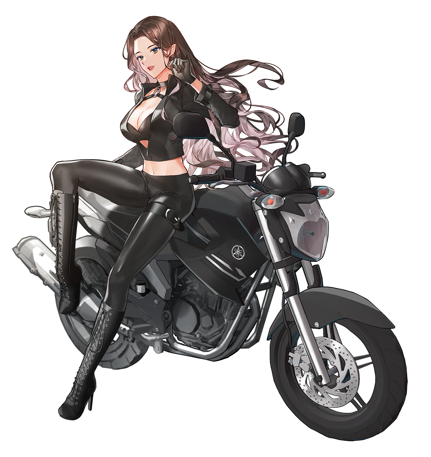 bamcream, original, commentary, commission, english commentary, highres, 1girl, black boots, black gloves, black pants, blue eyes, boots, breasts, brown hair, cleavage, crop top, cropped jacket, full body, gloves, grin, hand up, high heel boots, high heels, knee boots, lace-up boots, large breasts, long hair, long sleeves, looking at viewer, midriff, motor vehicle, motorcycle, navel, pants, sitting, smile, solo