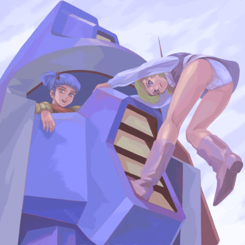 elchi cargo, rag uralo, xabungle (mecha), sentou mecha xabungle, xabungle, lowres, 2girls, blue eyes, blue hair, boots, from below, green hair, hair ornament, hairclip, hanging, long hair, mecha, multiple girls, open mouth, panties, pantyshot, robot, short hair, side ponytail, smile, underwear, walker (robot), walker machine, wristband